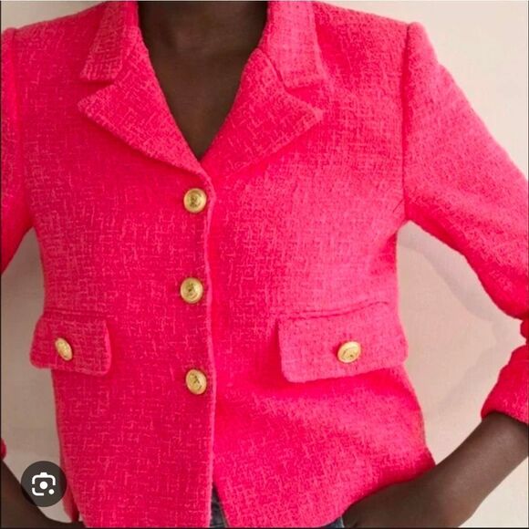 Zara Women's S Pink Fuchsia Tweed Textured Weave Blazer with Gold Buttons Accent - Picture 4 of 11